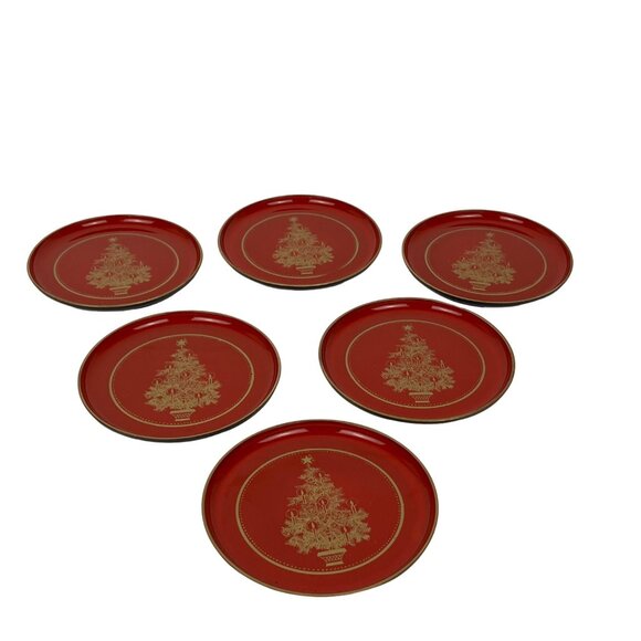 Red Lacquerware Holiday Christmas Tree Coaster Set Vintage Otagiri - Picture 4 of 8